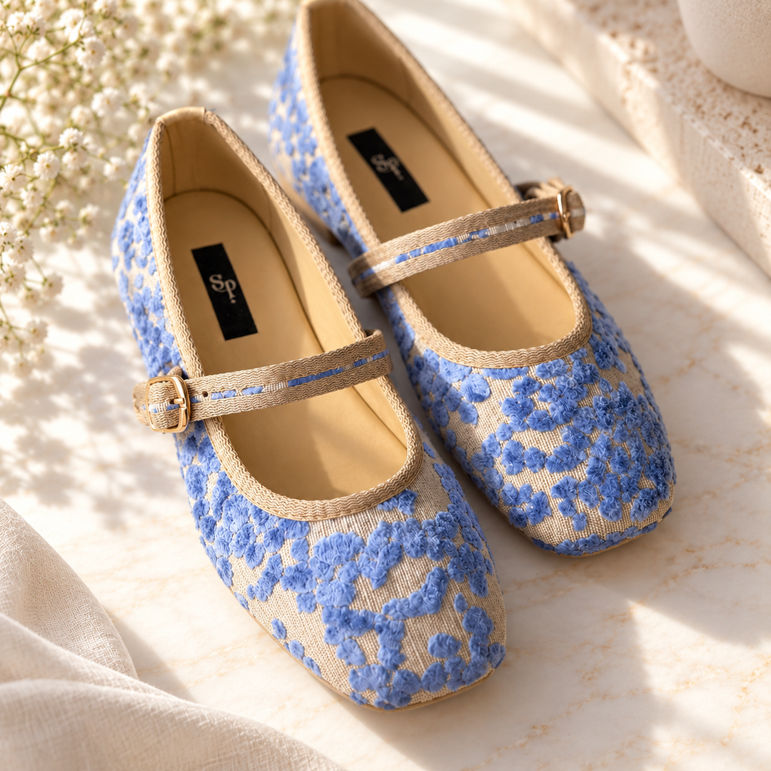 Bluebell powder blue floral embroidered Mary Jane flats by JootiShooti