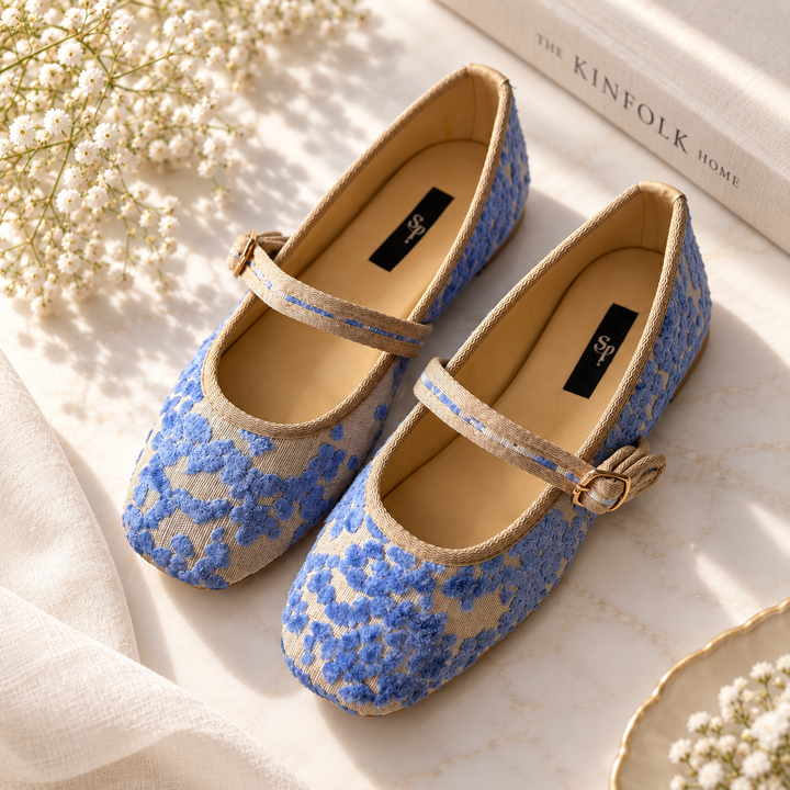 Bluebell powder blue floral embroidered Mary Jane flats by JootiShooti