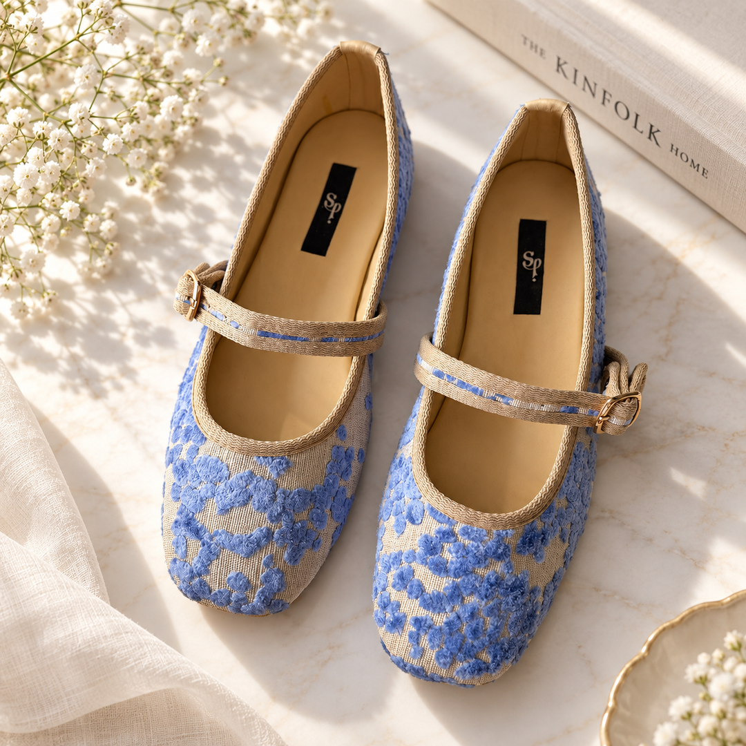 Bluebell powder blue floral embroidered Mary Jane flats by JootiShooti