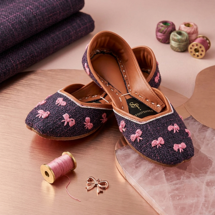 A pair of dark navy khussas with pink embroidered bows, styled on a wooden surface with sewing props including thread spools and folded fabric.