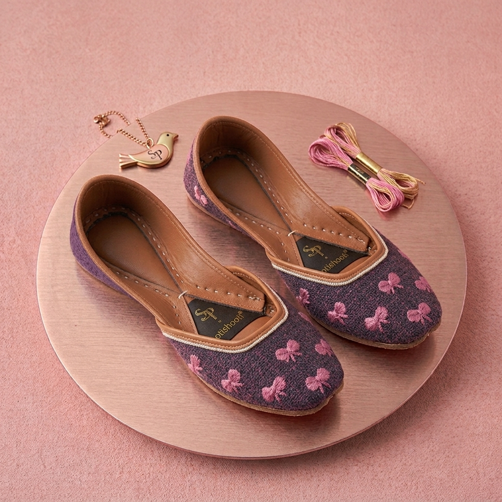 A pair of nay blue khussas with pink bow embroidery, displayed on a round wooden tray with pink thread and a small gold bird charm against a pink background.