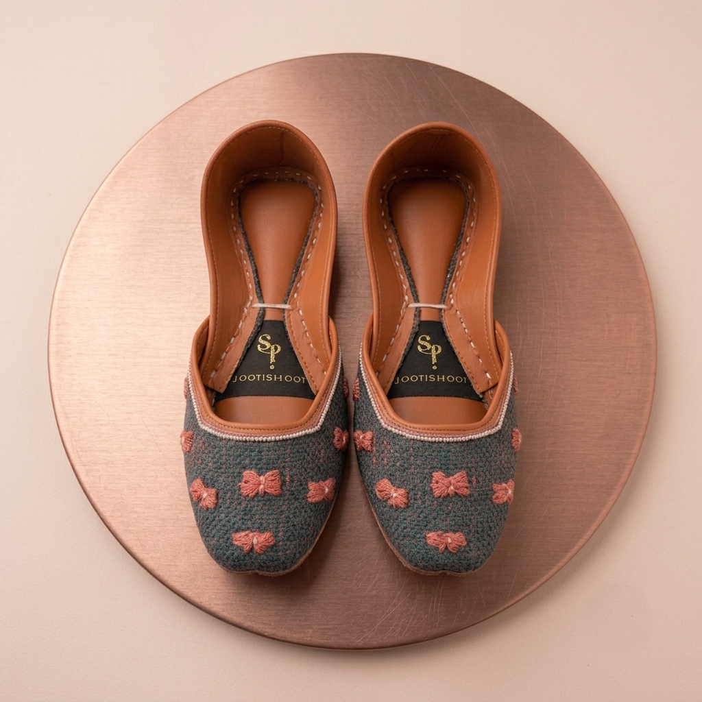 A pair of khussas with a blue-gray woven upper, pink embroidered bow pattern, and tan leather trim, displayed on a round metallic rose-gold platform against a light beige background. The insole shows the brand name 'Jootishooti'.